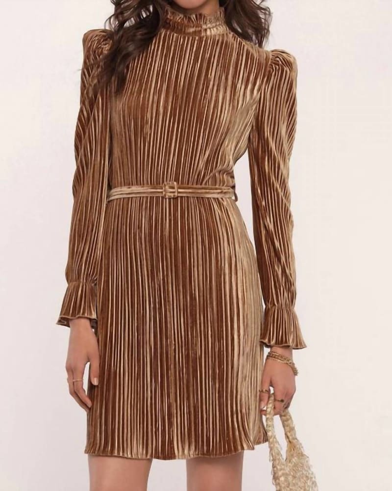 Front of a model wearing a size lrg Serina Dress In Whiskey in Whiskey by heartloom. | dia_product_style_image_id:344674